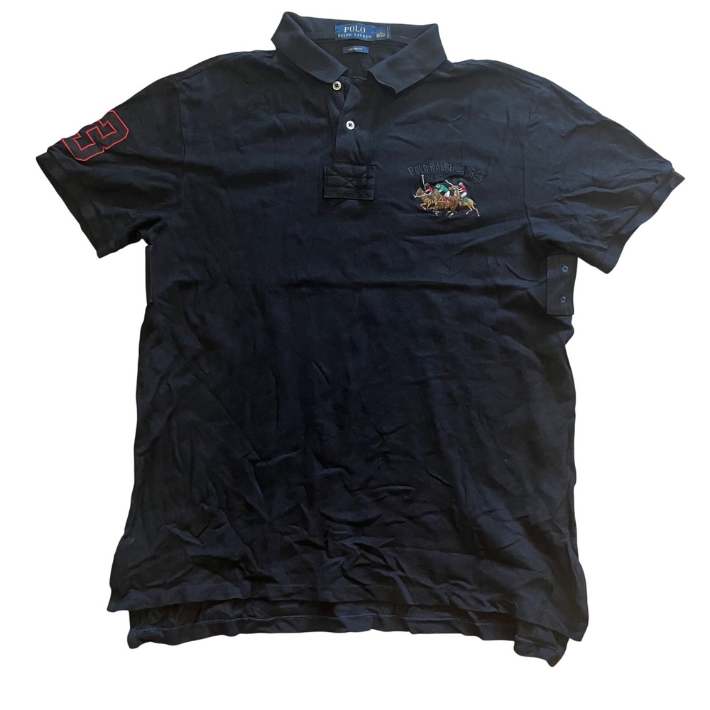 Polo Ralph Lauren Mens Custom Fit Triple Pony Polo Shirt Black Red Size L